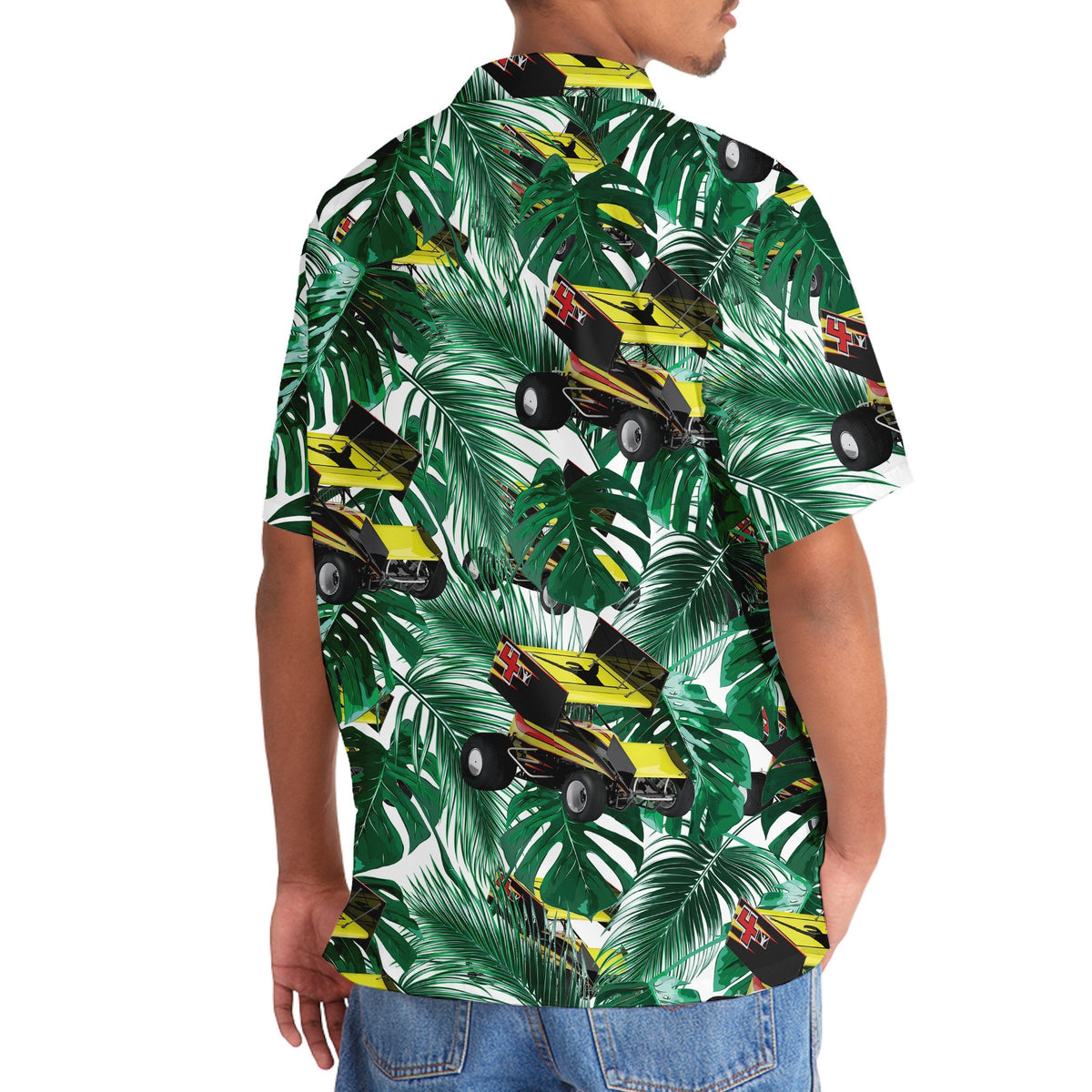 Green Tropical Car Sprint Racing Hawaiian Shirt Pattern Detail For Vacation Travel And Daily Wear
