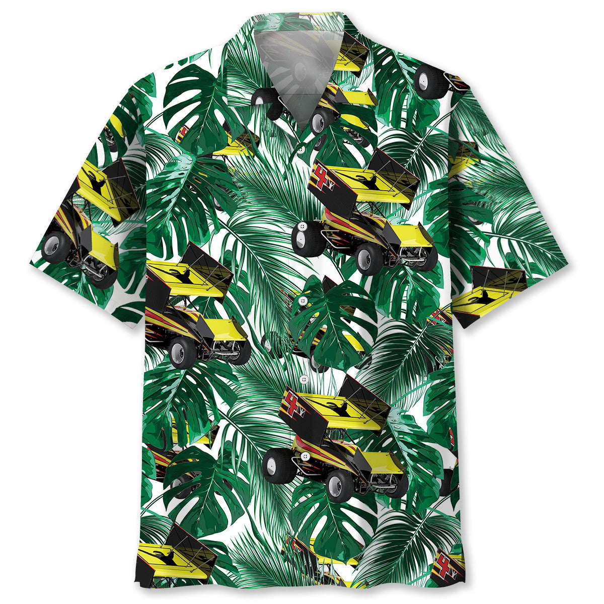 Green Tropical Car Sprint Racing Hawaiian Shirt Pattern View For Relaxed Warm Weather Outfits