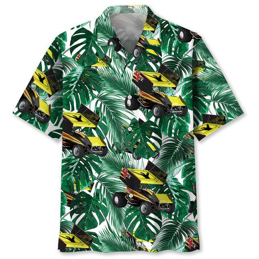 Green Tropical Car Sprint Racing Hawaiian Shirt Pattern View For Relaxed Warm Weather Outfits
