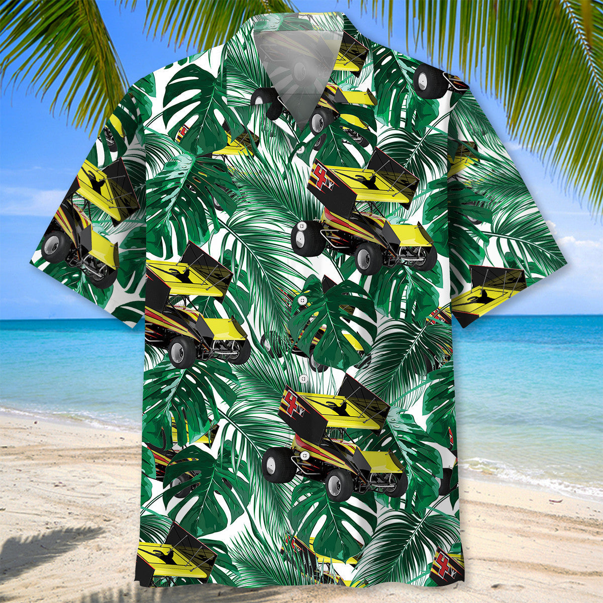 Green Tropical Car Sprint Racing Hawaiian Shirt Artwork Detail For Resort Trips And Outdoor Activities