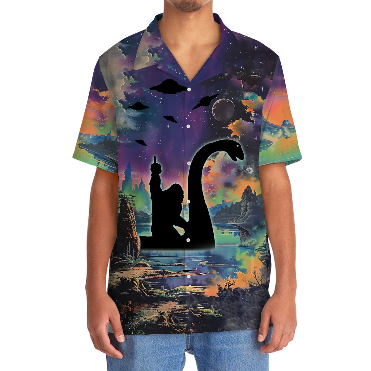 Forest Creature Nessie Night Adventure Hawaiian Shirt Artwork Detail For Resort Trips And Outdoor Activities