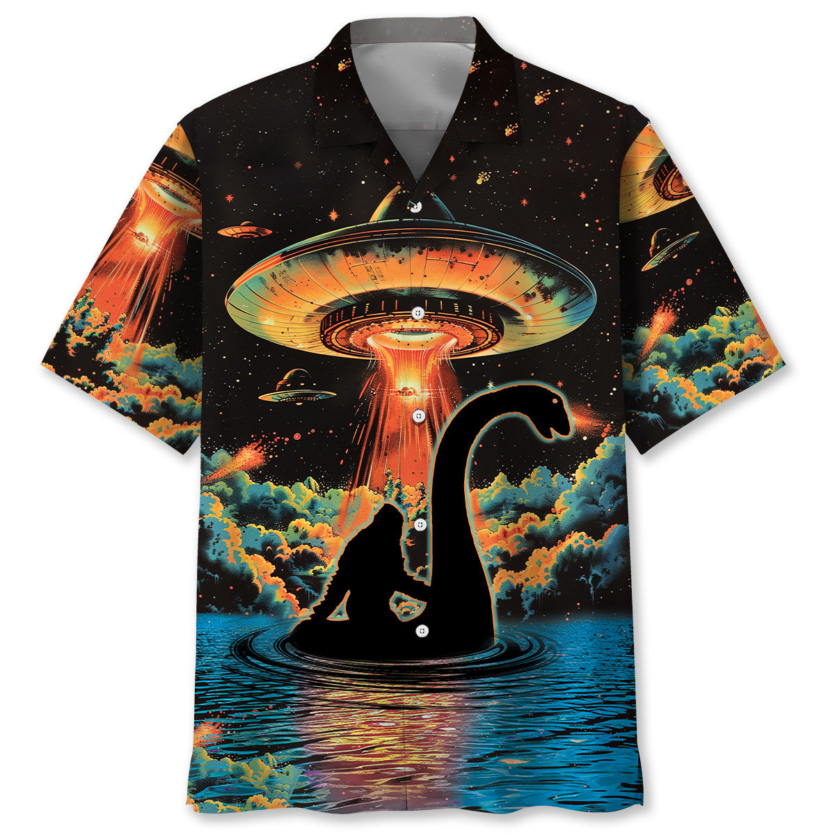 Forest Creature Nessie Ufo Adventure Hawaiian Shirt Artwork Detail For Resort Trips And Outdoor Activities