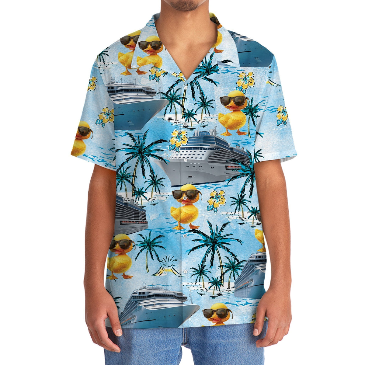 Blue Tropical Duck Cruise Hawaiian Shirt Artwork Detail For Resort Trips And Outdoor Activities