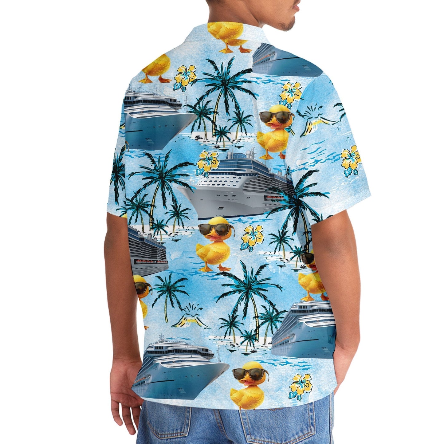 Blue Tropical Duck Cruise Hawaiian Shirt Design View For Casual Summer Styling