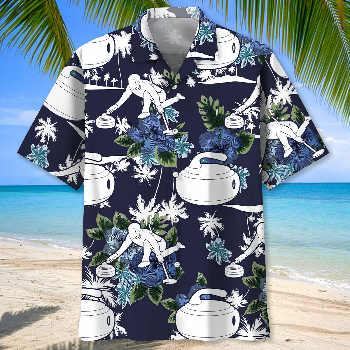 Blue Curling Nature Adventure Hawaiian Shirt Artwork Detail For Resort Trips And Outdoor Activities