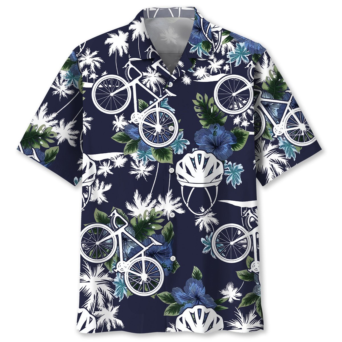 Blue Cycling Nature Adventure Hawaiian Shirt Artwork Detail For Tropical Trips And Casual Outings