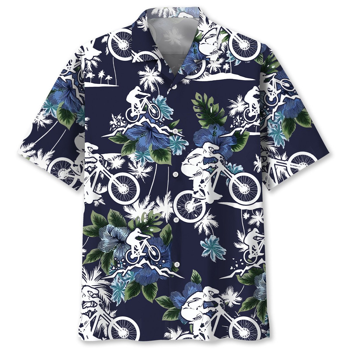 Blue Bicycle Mountain Nature Adventure Hawaiian Shirt Design Detail For Beach Days And Holiday Travel