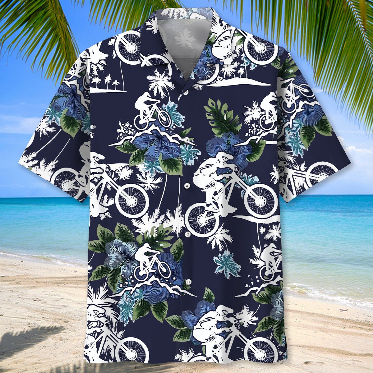 Blue Bicycle Mountain Nature Adventure Hawaiian Shirt For Poolside Relaxation And Sunny Getaways
