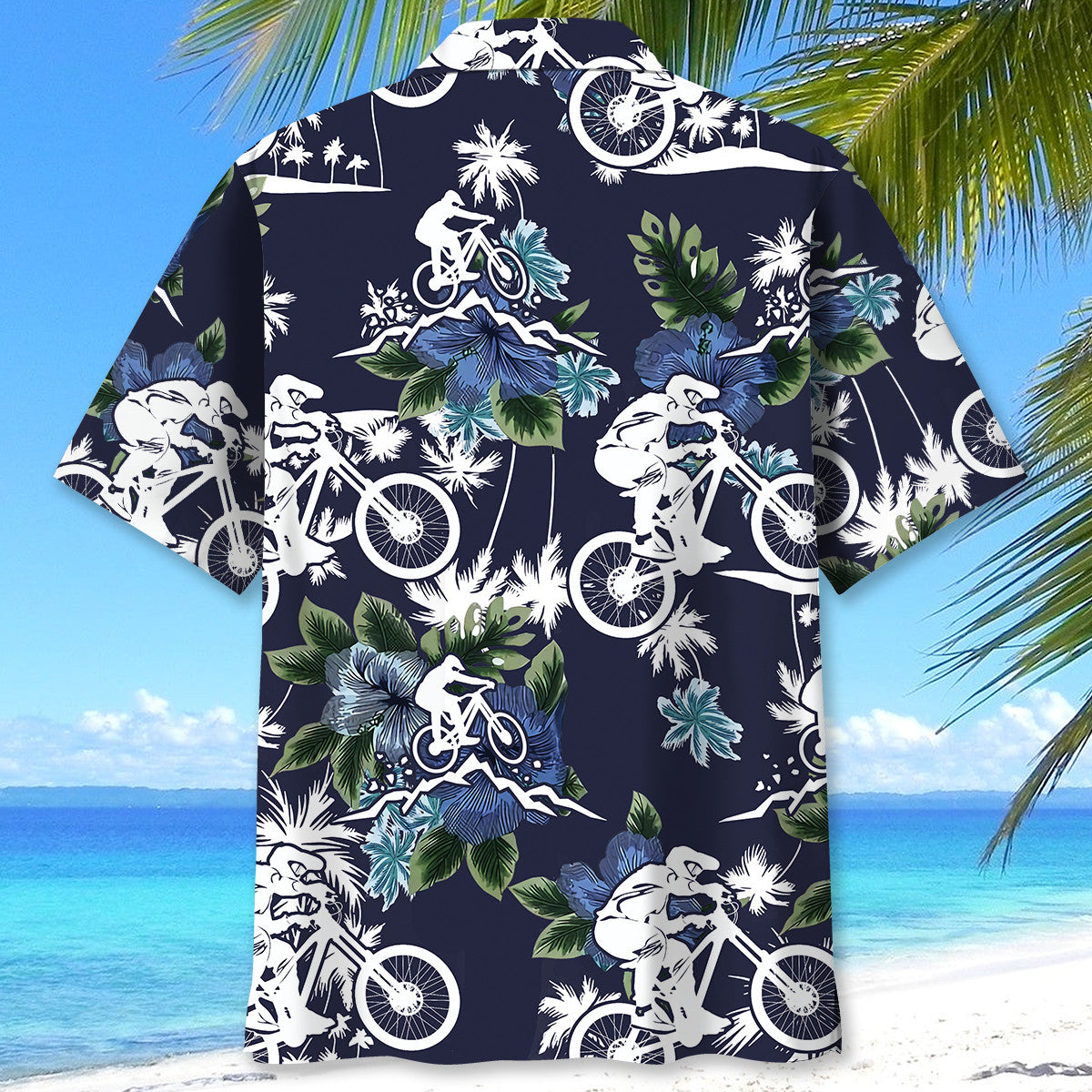 Blue Bicycle Mountain Nature Adventure Hawaiian Shirt Artwork Detail For Tropical Trips And Casual Outings