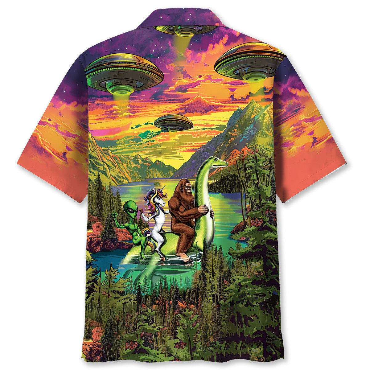 Alien Forest Creature Riding Nessie Adventure Hawaiian Shirt Artwork Detail For Tropical Trips And Casual Outings