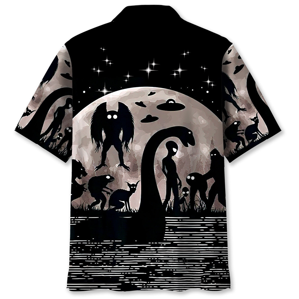 Alien Forest Creature Nessie Night Adventure Hawaiian Shirt Artwork Detail For Tropical Trips And Casual Outings