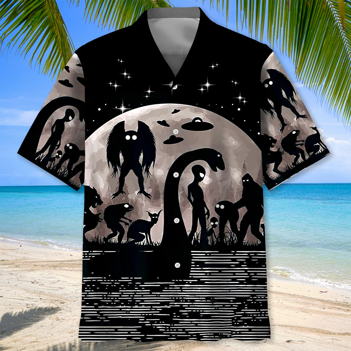 Alien Forest Creature Nessie Night Adventure Hawaiian Shirt Pattern View For Lightweight Everyday Style