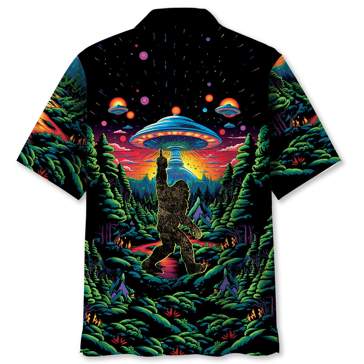 Bold Alien Forest Creature Middle Finger Hawaiian Shirt Design Detail For Beach Days And Holiday Travel
