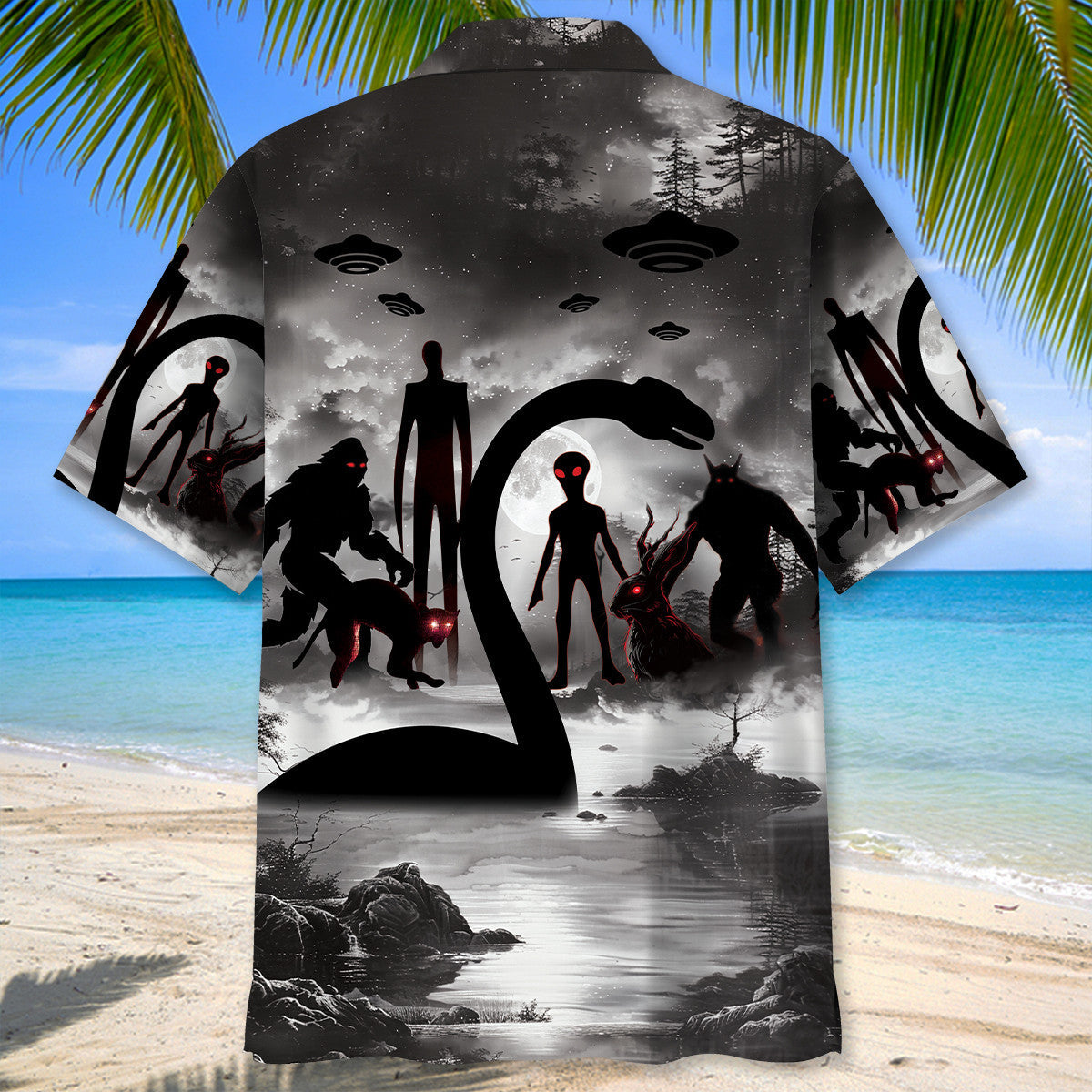Alien Forest Creature Nessie Mythical Monster Hawaiian Shirt Artwork View For Weekend Travel And Beach Style