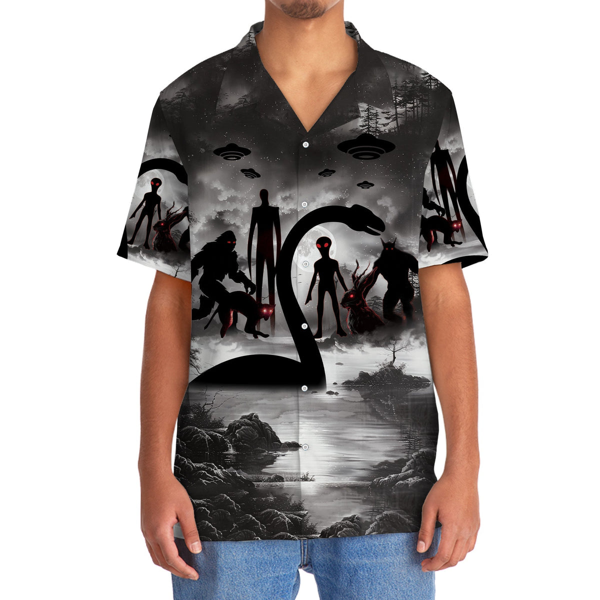 Alien Forest Creature Nessie Mythical Monster Hawaiian Shirt Design Detail For Sunny Adventures And Casual Wear