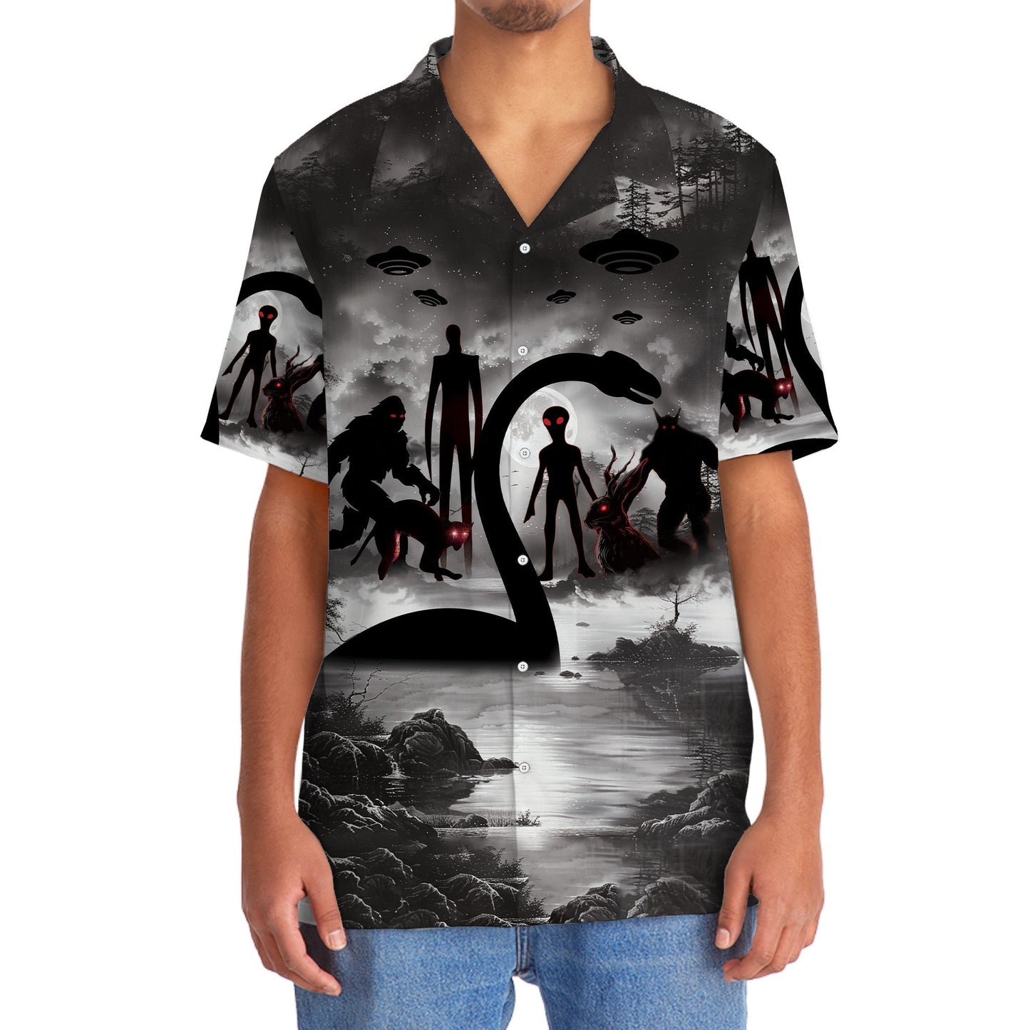 Alien Forest Creature Nessie Mythical Monster Hawaiian Shirt Design Detail For Sunny Adventures And Casual Wear