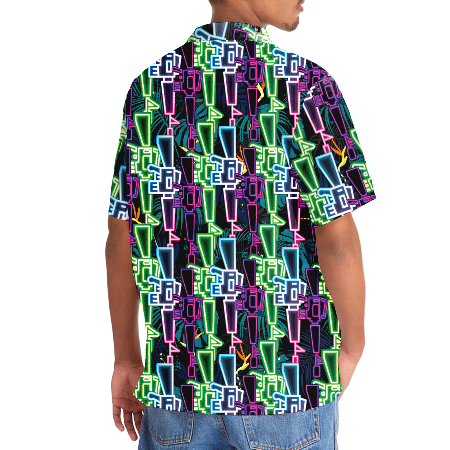 Neon Colorful Western Retro Hawaiian Shirt Pattern Detail For Vacation Travel And Daily Wear