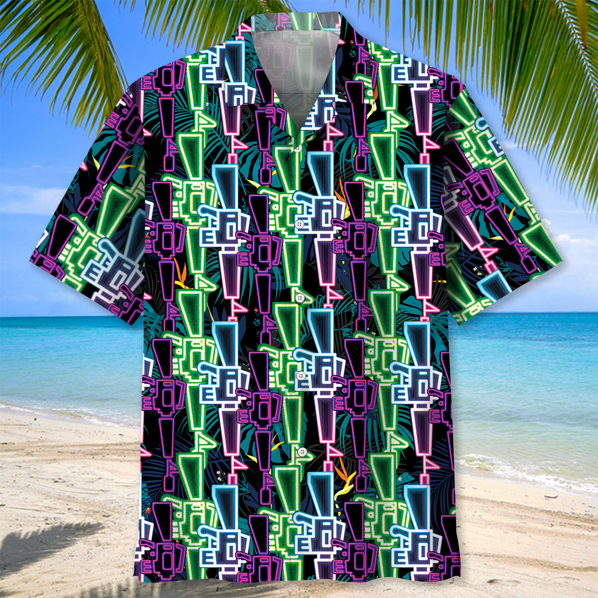 Neon Colorful Western Retro Hawaiian Shirt Artwork Detail For Resort Trips And Outdoor Activities