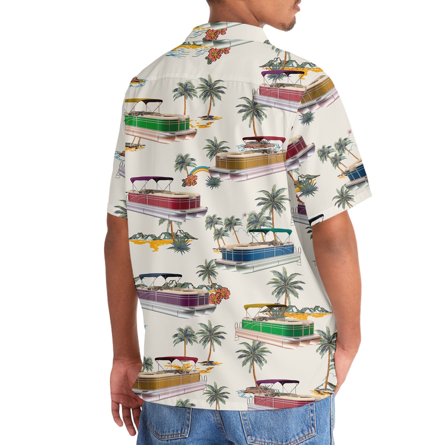 Tropical Boat Palm Tree Pontoon Coastal Hawaiian Shirt Pattern View For Lightweight Everyday Style