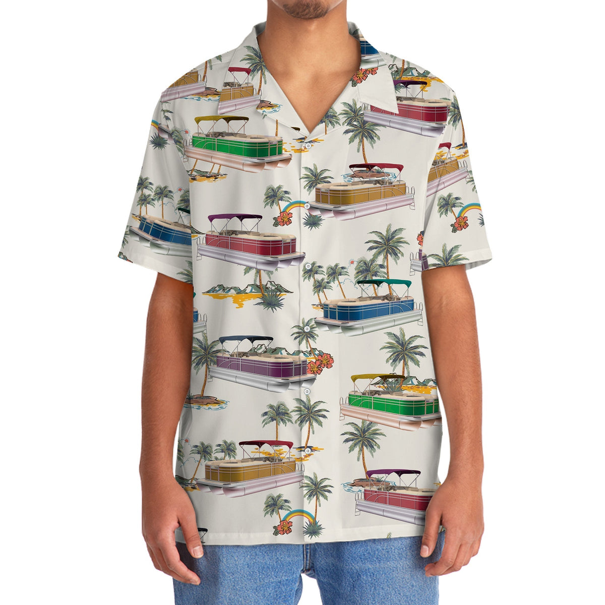 Tropical Boat Palm Tree Pontoon Coastal Hawaiian Shirt Artwork Detail For Tropical Trips And Casual Outings
