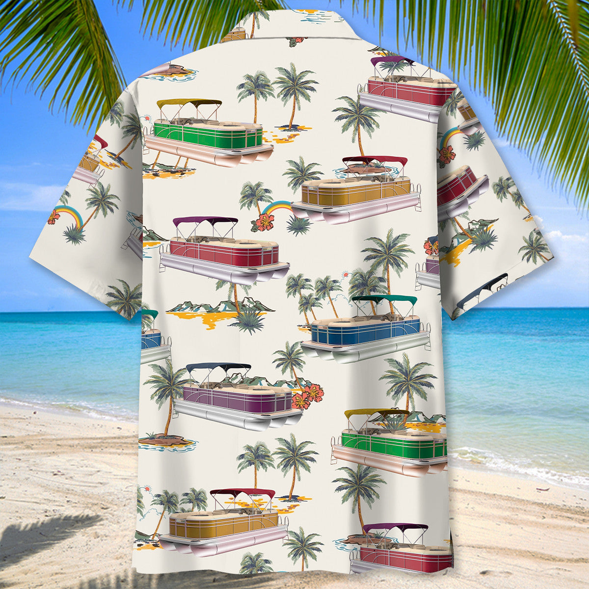 Tropical Boat Palm Tree Pontoon Coastal Hawaiian Shirt For Poolside Relaxation And Sunny Getaways