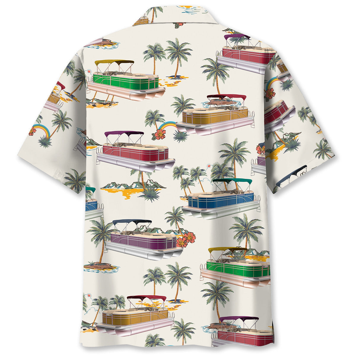 Tropical Boat Palm Tree Pontoon Coastal Hawaiian Shirt Design Detail For Beach Days And Holiday Travel