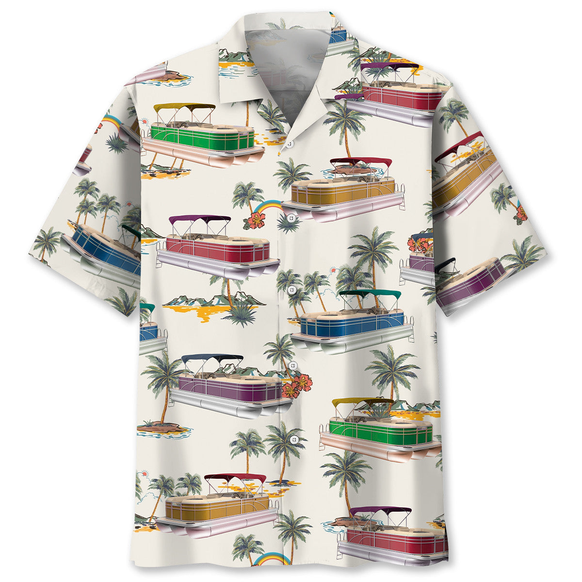 Tropical Boat Palm Tree Pontoon Coastal Hawaiian Shirt Artwork View For Coastal Escapes And Resort Style