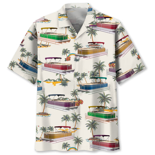 Tropical Boat Palm Tree Pontoon Coastal Hawaiian Shirt Artwork View For Coastal Escapes And Resort Style
