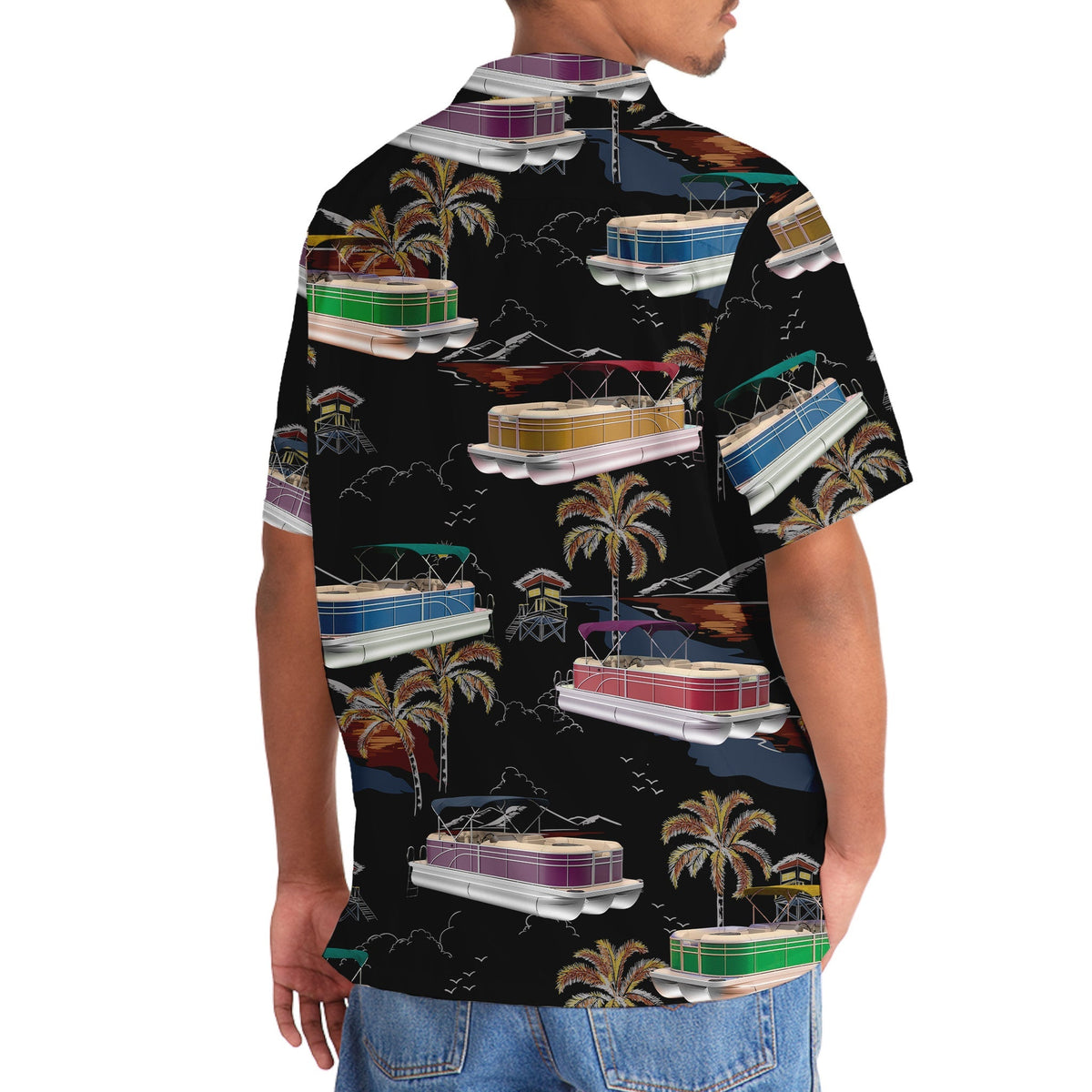 Black Tropical Boat Palm Tree Pontoon Coastal Hawaiian Shirt Design View For Casual Summer Styling