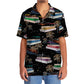 Black Tropical Boat Palm Tree Pontoon Coastal Hawaiian Shirt For Beach Parties And Weekend Getaways