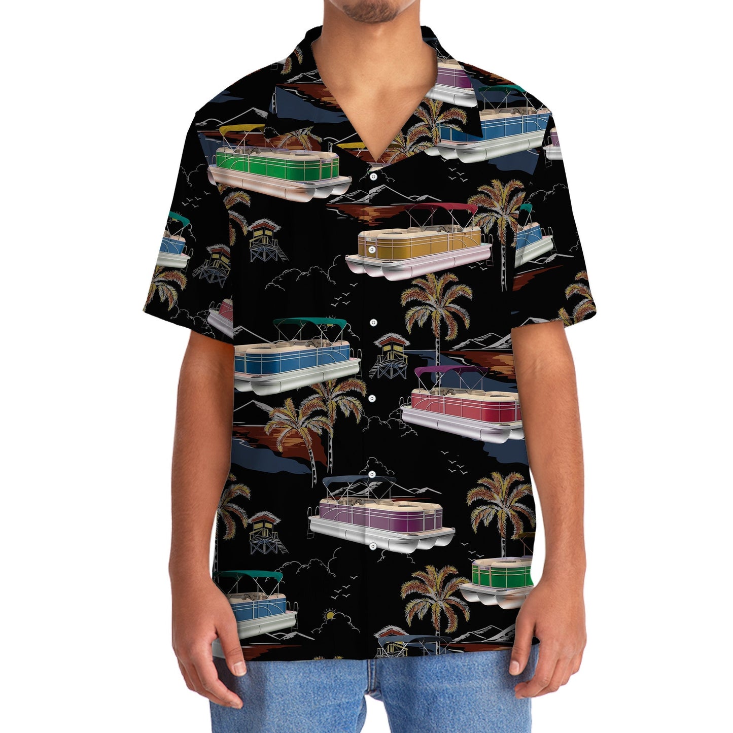 Black Tropical Boat Palm Tree Pontoon Coastal Hawaiian Shirt For Beach Parties And Weekend Getaways