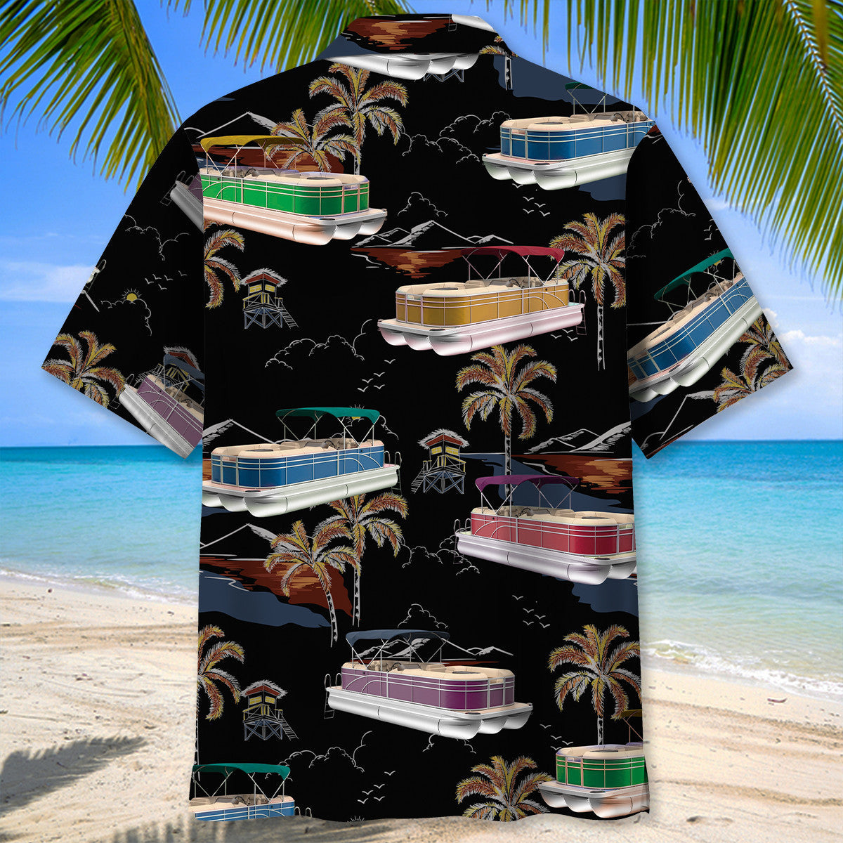 Black Tropical Boat Palm Tree Pontoon Coastal Hawaiian Shirt Artwork Detail For Resort Trips And Outdoor Activities