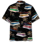 Black Tropical Boat Palm Tree Pontoon Coastal Hawaiian Shirt Pattern View For Relaxed Warm Weather Outfits