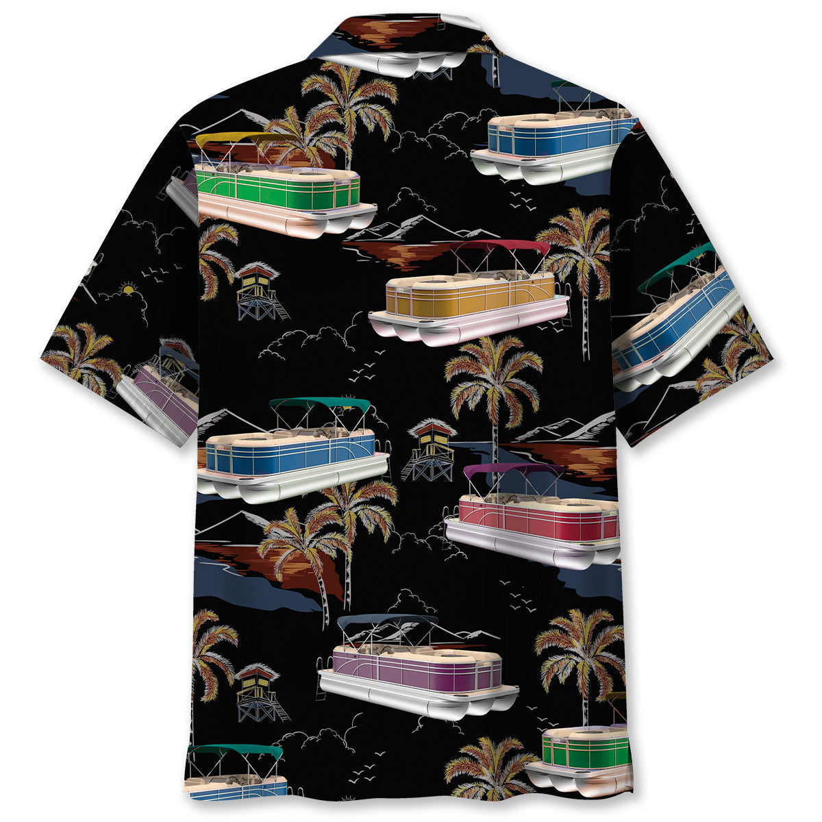 Black Tropical Boat Palm Tree Pontoon Coastal Hawaiian Shirt Pattern View For Relaxed Warm Weather Outfits