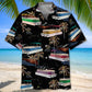 Black Tropical Boat Palm Tree Pontoon Coastal Hawaiian Shirt For Summer Vacation And Beach Travel