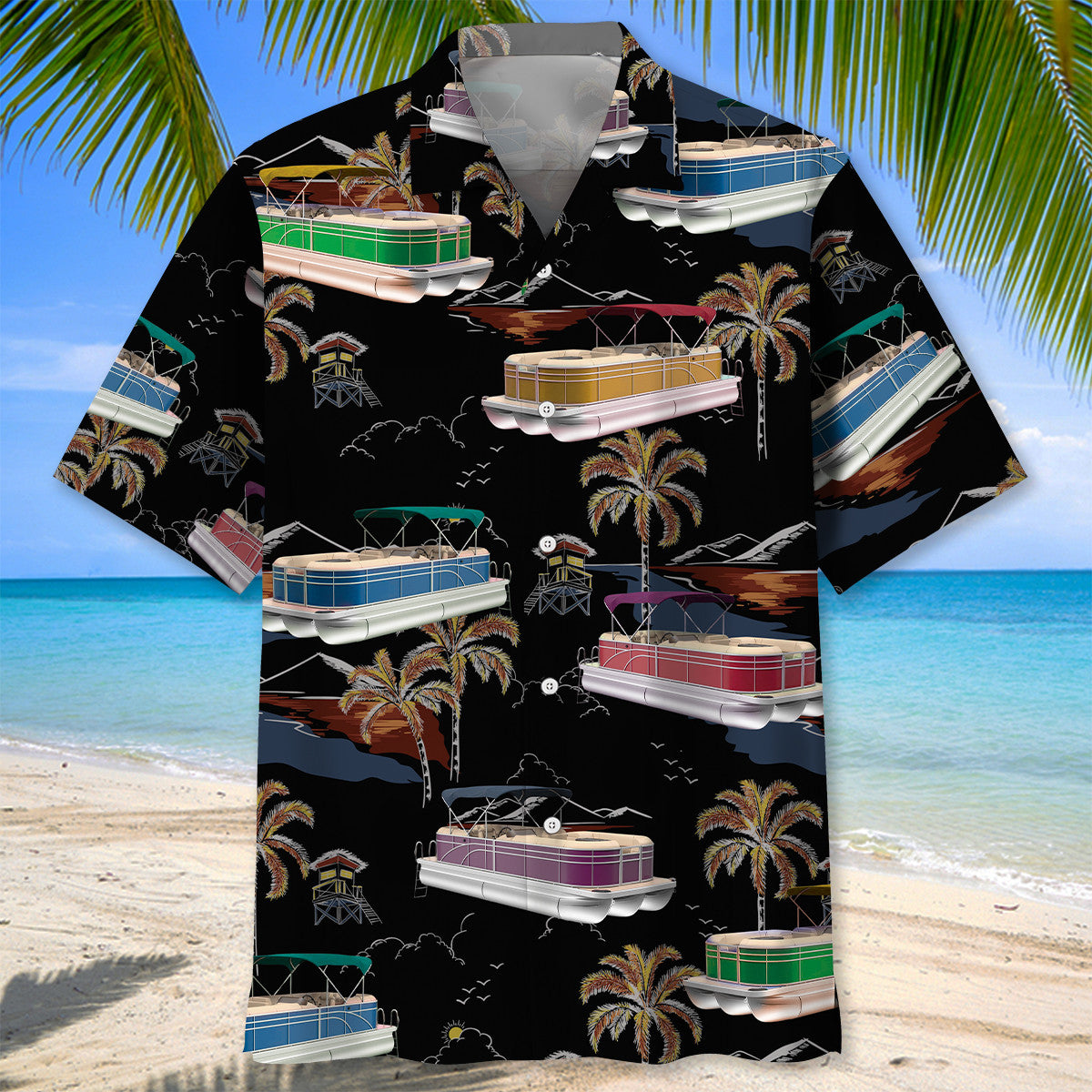 Black Tropical Boat Palm Tree Pontoon Coastal Hawaiian Shirt For Summer Vacation And Beach Travel