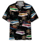 Black Tropical Boat Palm Tree Pontoon Coastal Hawaiian Shirt For Resort Getaways And Comfortable Summer Activities