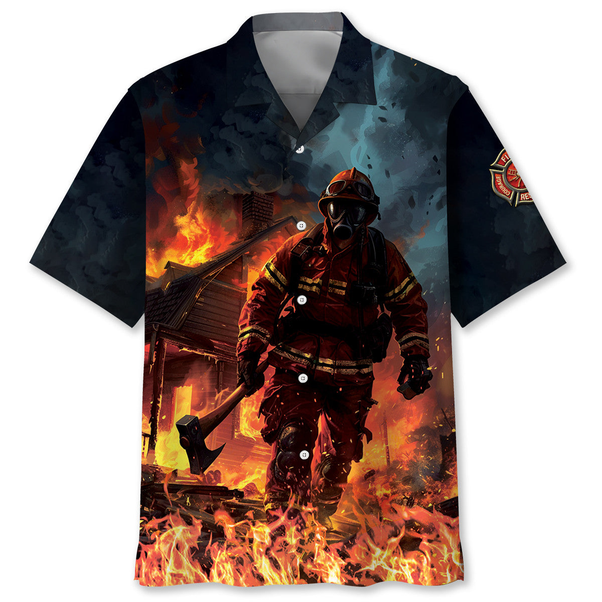 Firefighter Tribute Hawaiian Shirt Artwork Detail For Tropical Trips And Casual Outings