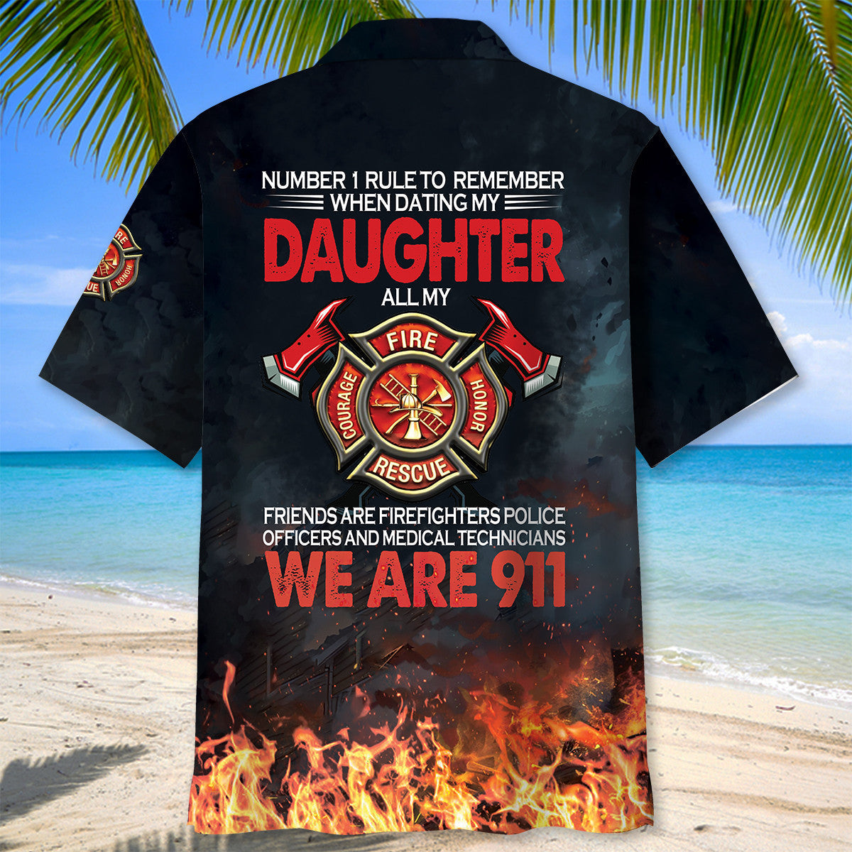 Firefighter Tribute Hawaiian Shirt Pattern Detail For Summer Holidays And Outdoor Fun