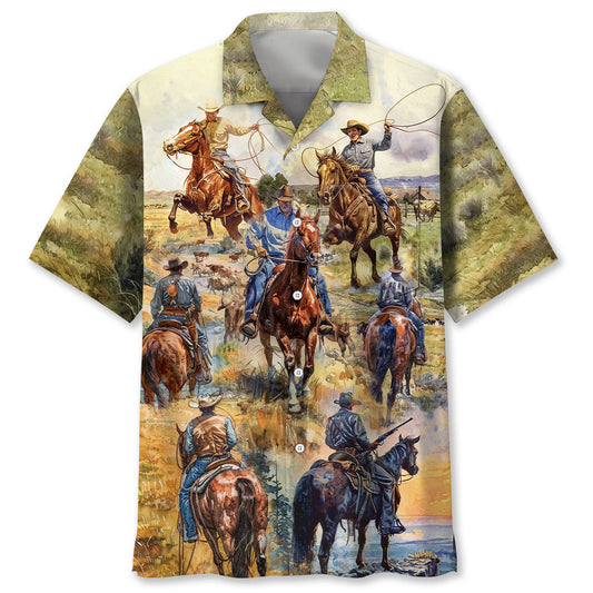 Vintage Cowboy Pocket Hawaiian Shirt Artwork View For Weekend Travel And Beach Style