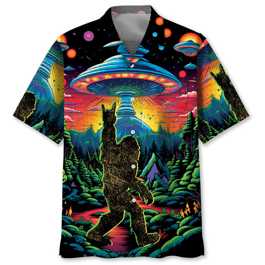 Alien Forest Creature Pocket Fun Hawaiian Shirt Pattern Detail For Vacation Travel And Daily Wear