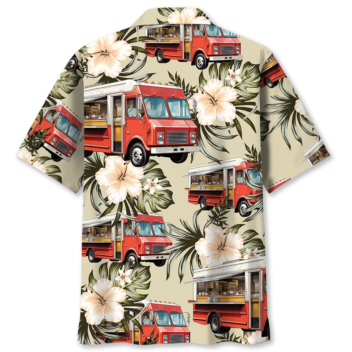 Vintage Red Retro Truck Street Food Hawaiian Shirt Pattern Detail For Summer Holidays And Outdoor Fun