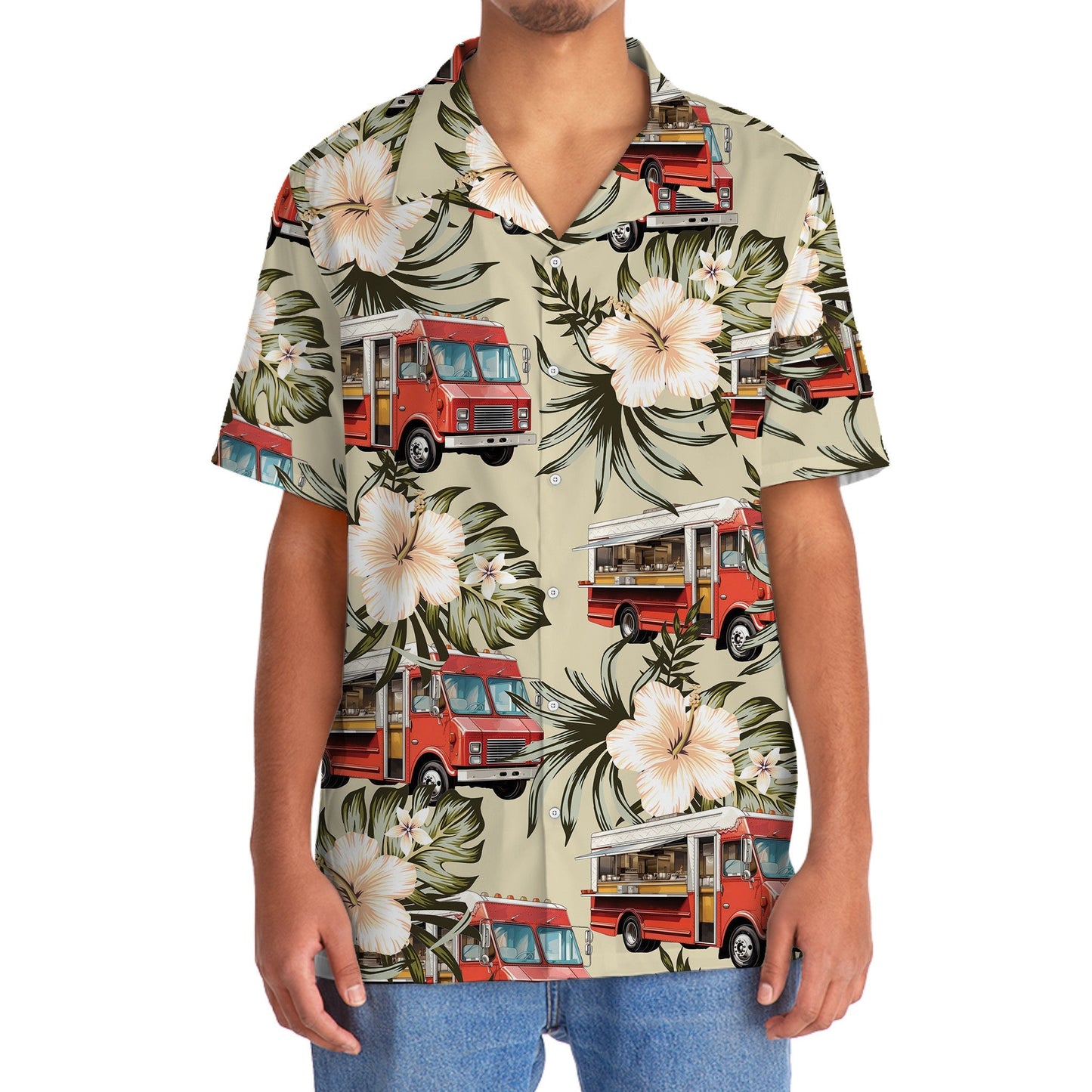 Vintage Red Retro Truck Street Food Hawaiian Shirt Design Detail For Sunny Adventures And Casual Wear