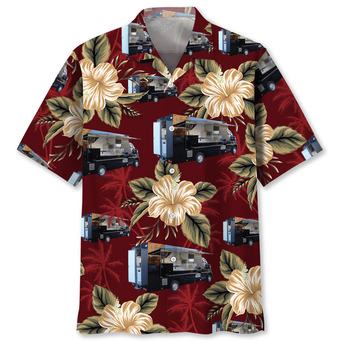 Floral Tropical Truck Street Food Hawaiian Shirt Pattern Detail For Vacation Travel And Daily Wear