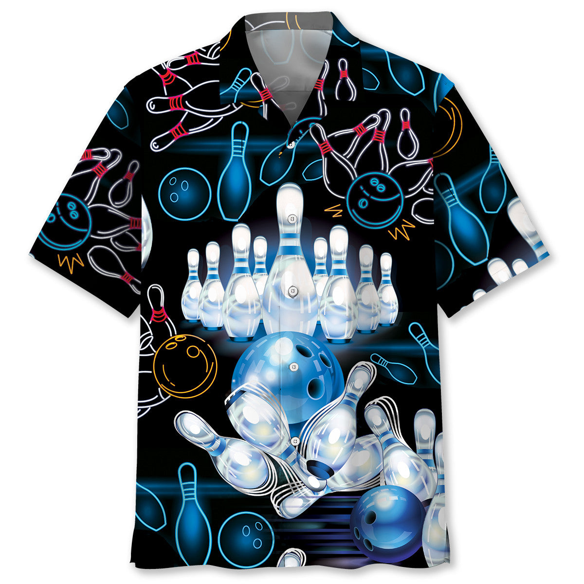 Happy Bowling Ten Pin Hawaiian Shirt Artwork Detail For Resort Trips And Outdoor Activities