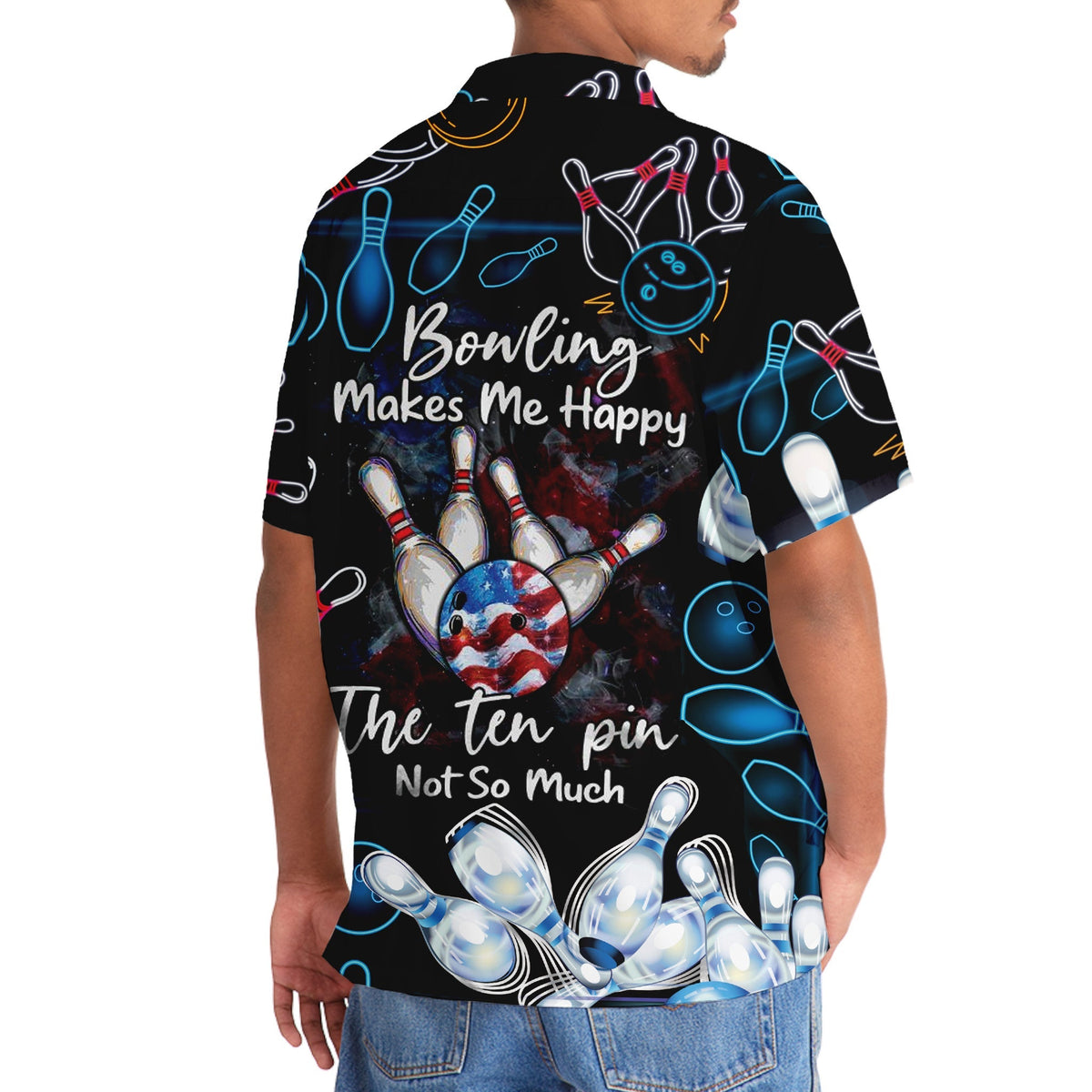 Happy Bowling Ten Pin Hawaiian Shirt Pattern Detail For Vacation Travel And Daily Wear