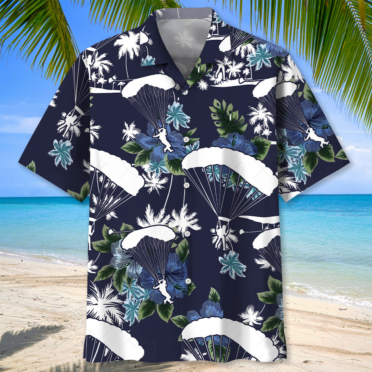 Blue Skydiving Nature Adventure Hawaiian Shirt For Beach Parties And Weekend Getaways