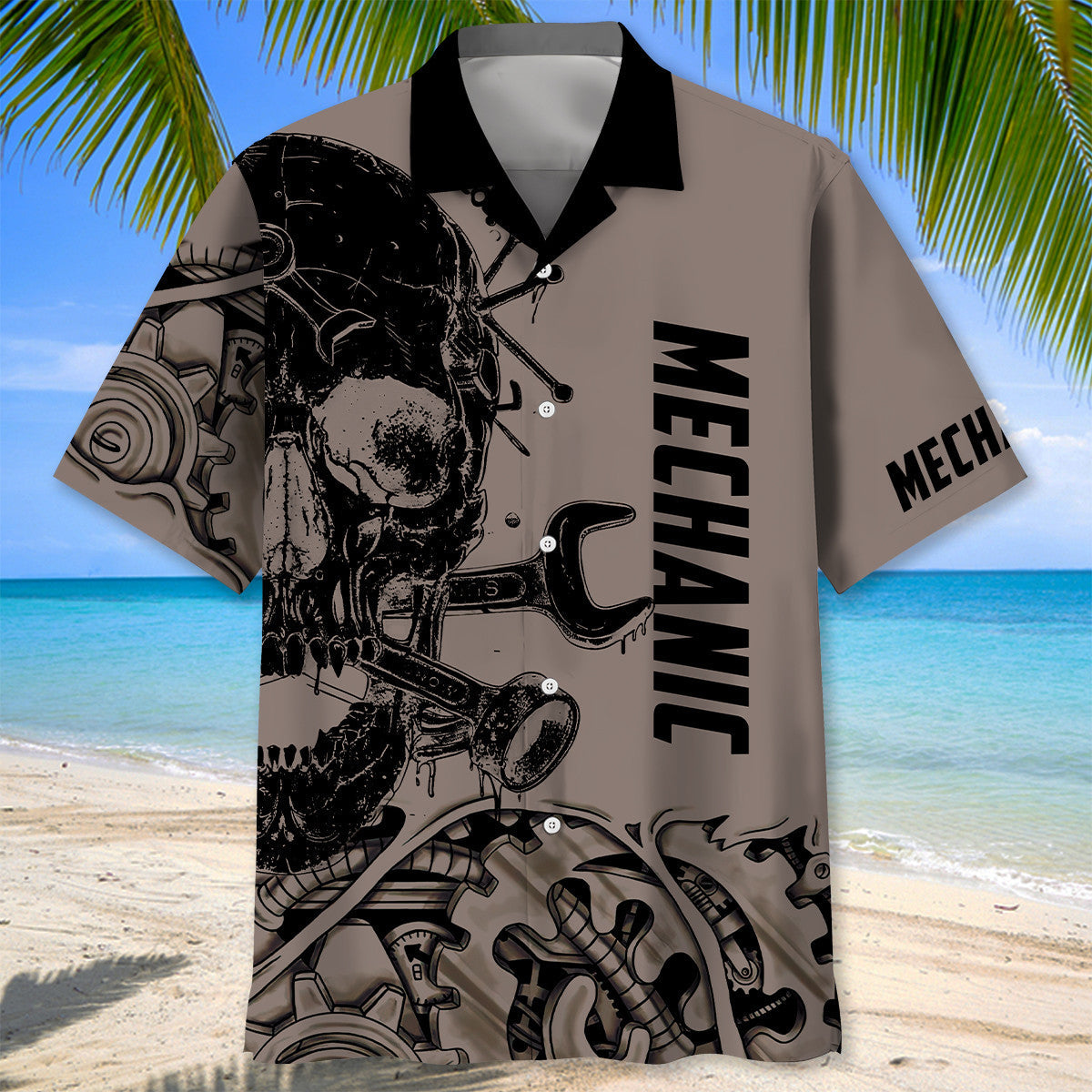 Bold Mechanic Skull Hawaiian Shirt For Summer Vacation And Beach Travel