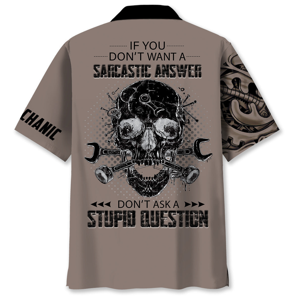Bold Mechanic Skull Hawaiian Shirt Pattern View For Relaxed Warm Weather Outfits