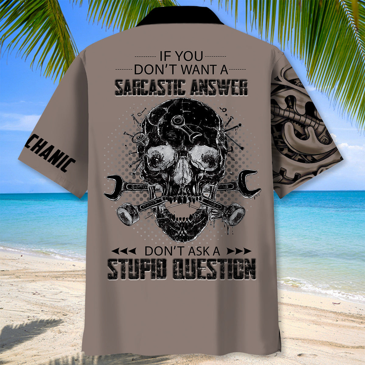 Bold Mechanic Skull Hawaiian Shirt Artwork Detail For Resort Trips And Outdoor Activities